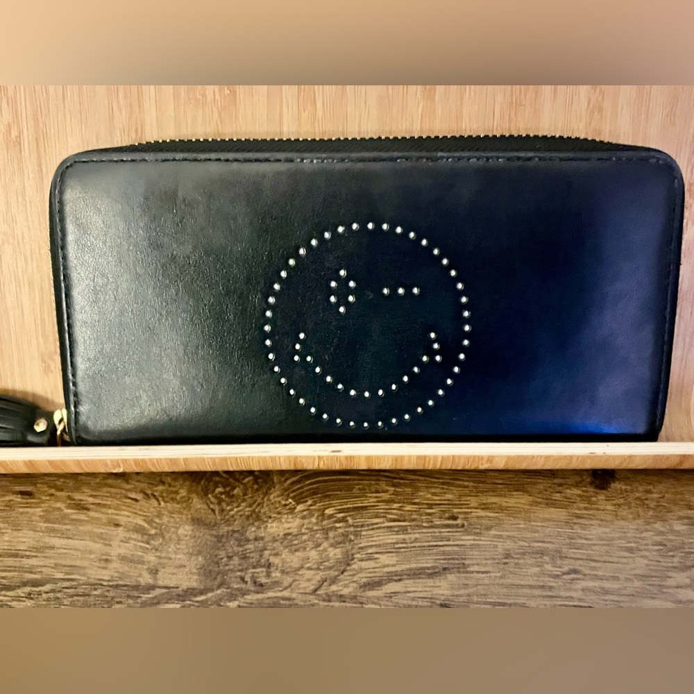 Black Leather Anya Hindmarch Emoji long wallet.